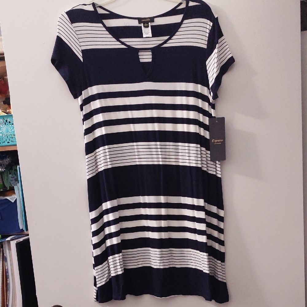 Espresso Navy and White Striped Midi Dress